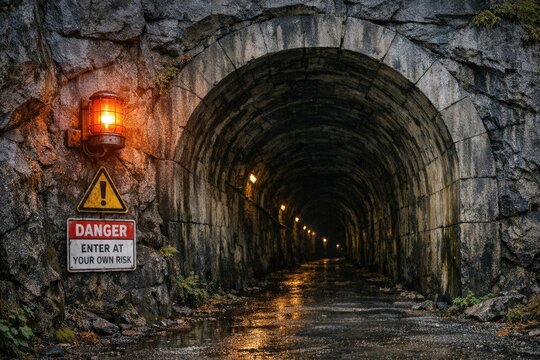 A dark tunnel with a light at the end, suitable for use in scenes where something is about to happen or someone is approaching a new opportunity