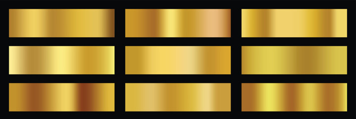 Premium Gold gradients. Copper Foil for metallic Palette and swatch degrade. Collection of shiny champagne and polished bronze backgrounds and borders. Vector illustration. © Hikestudio3