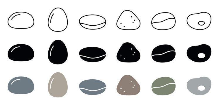 Vector stone and pebble icons in three different styles including outline, solid black, and colored flat designs for graphic elements