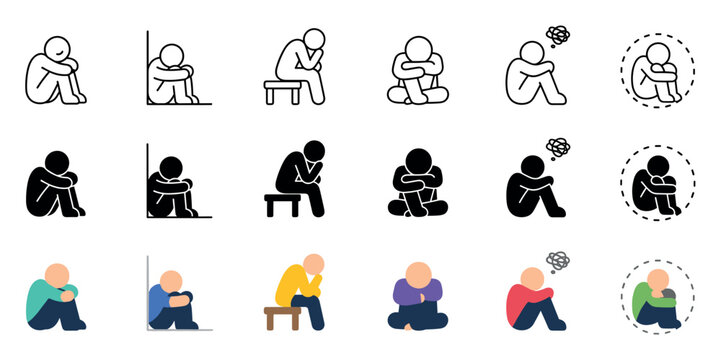 Depressed person icon set representing mental health struggles such as sadness, anxiety, loneliness, and social isolation in outline, glyph, and flat color styles