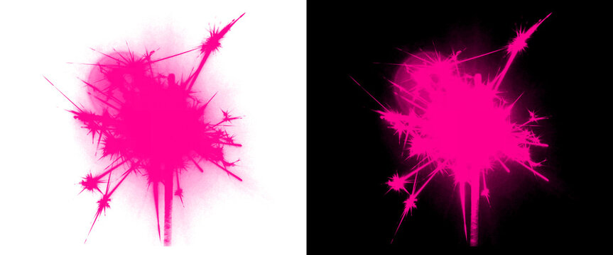 Vibrant pink ink splash on white and black background, abstract neon paint splatter, artistic magenta liquid burst with sharp edges and spray texture