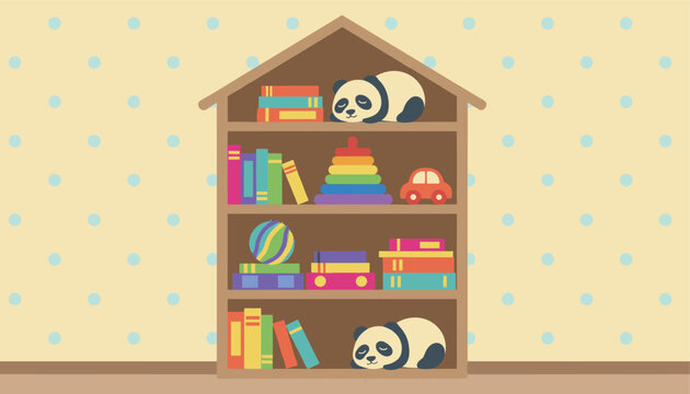 Kids wooden bookshelf in the shape of a house containing colorful books, toys, and sleeping panda plushies.