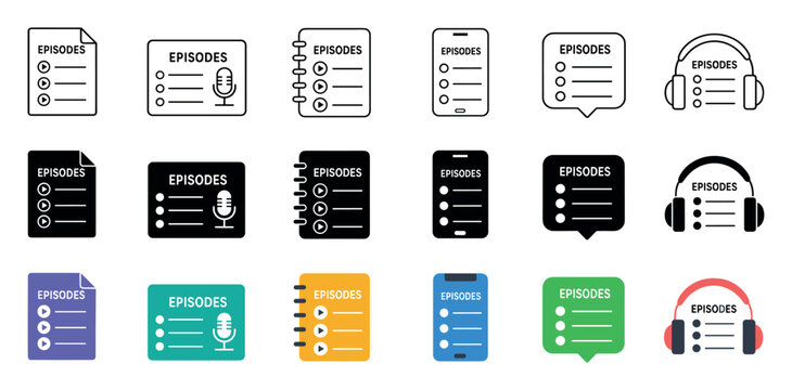 Podcast episode list icons set representing audio playlists and media player menus in outline solid and colorful flat design styles for digital applications