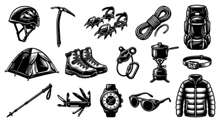 Obraz premium Black and White Line Art Climbing Gear Icons - Outdoor Adventure Equipment