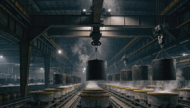Semiautomated potroom scene showing cranes precisely positioning new carbon anodes with minimal manual intervention under bright factory lighting.
