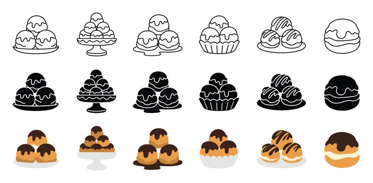 Profiteroles and cream puff dessert vector icons set in outline, solid silhouette, and colored flat styles featuring French choux pastry with chocolate glaze and cream filling