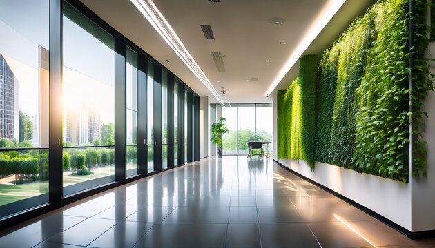 modern office corridor featuring green living wall glass partitions and natural light for a sustainable workplace
