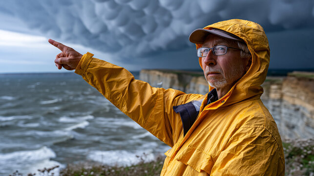 Cloud spotter in rain gear standing on a windswept coastal cliff pointing upward at a dramatic mammatus cloud formation, sky observation hobby, amateur meteorology outdoors, solitary adult nature ac