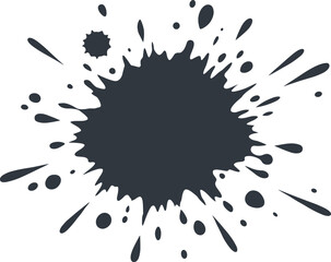 Fototapeta premium Black ink splatter with irregular circular burst and scattered droplets isolated artistic paint splash design on white background