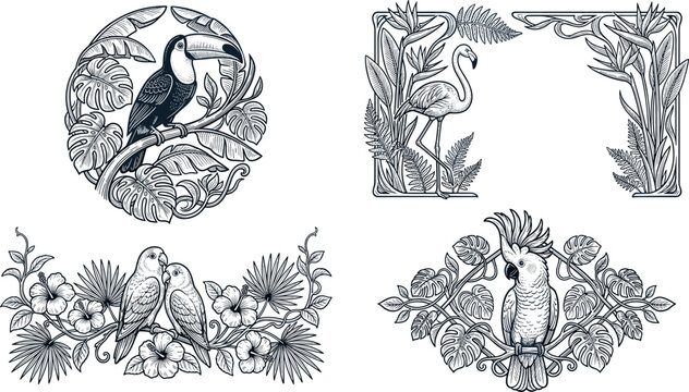 Vintage Tropical Bird and Floral Frame Set Featuring Hand Drawn Toucan Flamingo Cockatoo and Parrots with Monstera Hibiscus Foliage Illustrations Vector