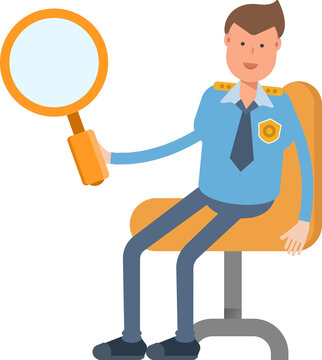 Police Officer Character Sitting and Holding Magnifier
