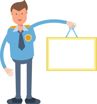 Police Officer Character Holding Blank Signage
