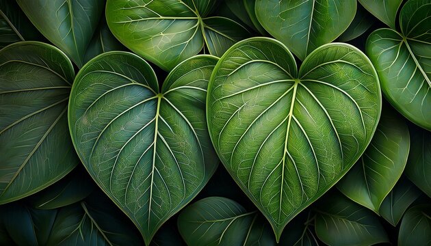 a close up view of lush green foliage featuring various heart shaped leaves with intricate patterns the dark background enhances their vibrant appearance