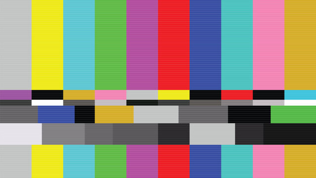 Broadcast television test pattern with vertical bars and signal interference. Abstract concept graphic element.