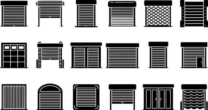 Industrial Roller Shutter Door Vector Icon Set &ndash; Garage Doors, Warehouse Gates and Metal Security Shutters Black Icons Isolated on White Background