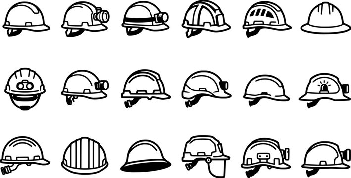 Mining Helmet with Headlamp Vector Collection &ndash; Safety Hard Hat, Miner Helmet and Industrial Protective Equipment Black Icon Set Isolated on White Background