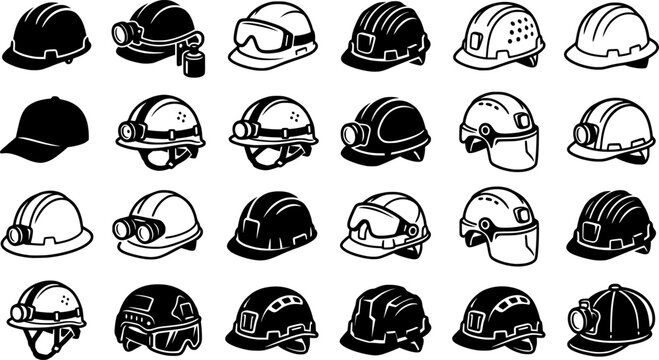 Mining Helmet with Headlamp Vector Collection &ndash; Safety Hard Hat, Miner Helmet and Industrial Protective Equipment Black Icon Set Isolated on White Background