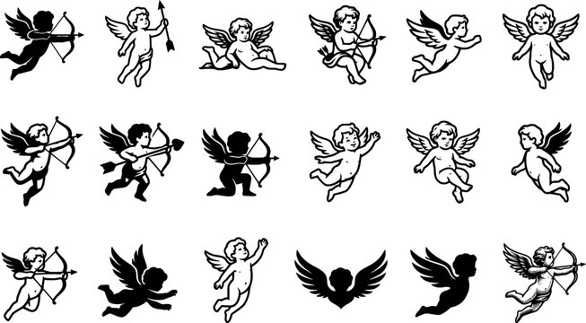 Cupid Angel Silhouette Collection &ndash; Flying Cherub, Love Angel, Valentine Cupid with Bow and Arrow Black Vector Icon Set Isolated on White Background