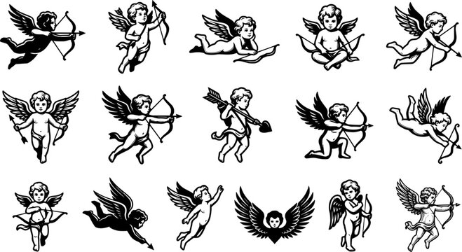 Cupid Angel Silhouette Collection &ndash; Flying Cherub, Love Angel, Valentine Cupid with Bow and Arrow Black Vector Icon Set Isolated on White Background
