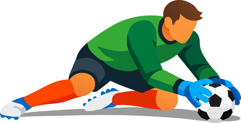 Obraz premium Goalkeeper making save. Soccer goalkeeper defense. Football goalkeeper action. Flat vector illustration