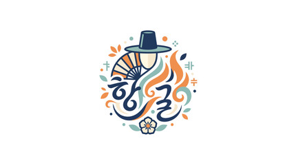 Fototapeta premium Hangul Korean Alphabet Symbol with Traditional Hat and Fan - Cultural Art