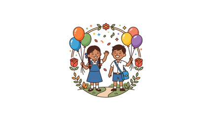 Fototapeta premium Happy Children Celebrate with Balloons, Back to School Joyful Kids