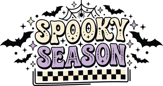 Spooky season halloween tshirt vector graphic bats spiderweb and checkered design for apparel