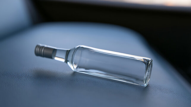 Empty transparent glass bottle with a silver cap rest on a dark blue surface, conceptual image of aftermath, sobriety, or lack