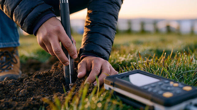 Soil ecologist pressing cylindrical core sampler into agricultural field soil at dawn, portable carbon analyzer positioned nearby, dew on grass surface, focused measurement technique representing ca