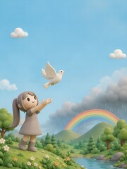 Naklejka premium Cute 3D clay girl releasing white dove over peaceful nature landscape with rainbow and copy space