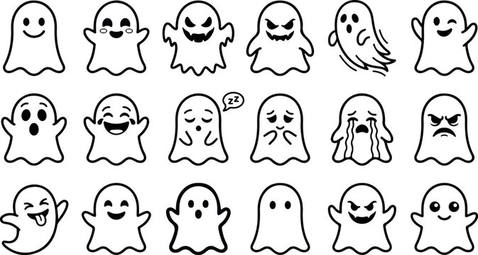 A set of 15 different cartoon ghosts with various emotive expressions and poses for halloween or emoticon use