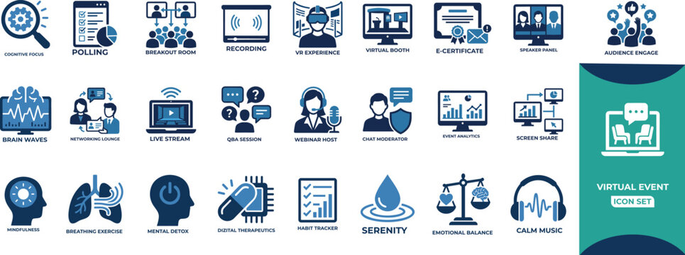 Virtual event icon set for digital business webinars online meetings and interactive remote sessions.