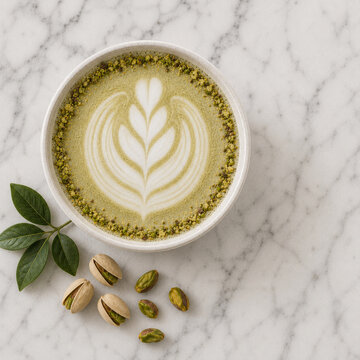 Pistachio Latte in White Ceramic Bowl with Tulip Latte Art and Crushed Pistachio Rim on White Marble Surface, Green Leaves and Whole Pistachios, Top View Flat Lay, Specialty Coffee Food Photography