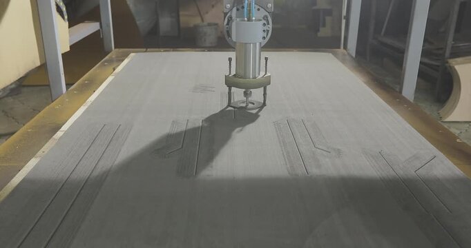 Automated Industrial Milling with Rotating Cutter. Digital Cutting and Milling in Industrial Workshop. Machine worktable. Machine milling head, close-up.