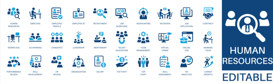 Human resources and team management solid icon set. Featuring recruitment, headhunting, employee profile, interview, and hr analytics. Editable vector glyphs for office management and administration.
