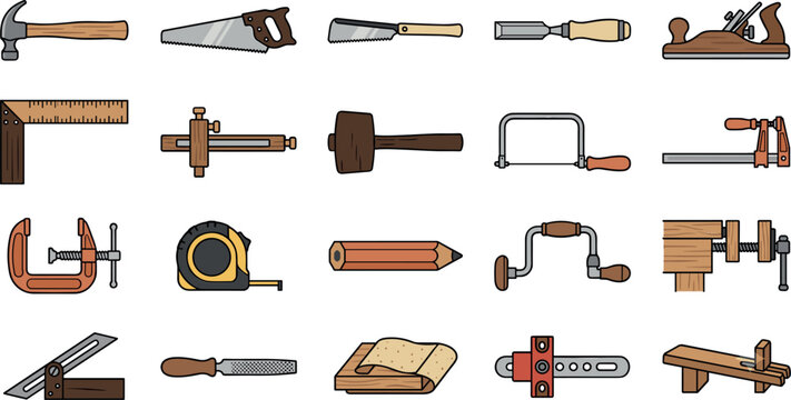 Traditional Woodworking Hand Tools and Carpentry Equipment Color Vector Icon Set Featuring Hand Saws, Hammers, Planes, Chisels, Clamps, and Measuring Rulers