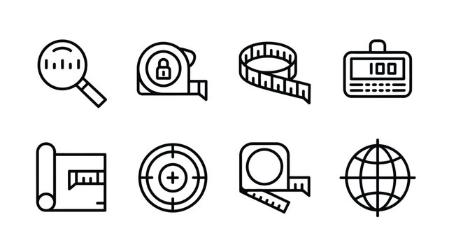 Collection of linear vector symbols featuring measuring tapes magnifying glass digital counter blueprints precision targets and global navigation grid lines