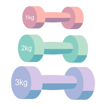 Colorful flat design dumbbell set 1kg 2kg and 3kg vector illustration. Cute pastel color weight collection for fitness app and home workout infographic.
