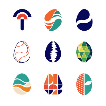 Collection of modern abstract egg shaped logos and geometric icons in various colors.