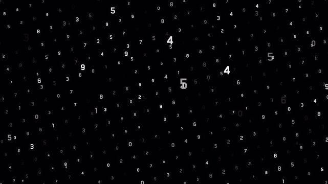 Abstract digital background with floating white numbers on a black screen.