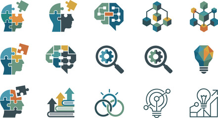 Fototapeta premium Business Psychology and Artificial Intelligence Icon Set with Human Brain Puzzle, Lightbulb Idea, Gears, Data Network, and Growth Charts for Corporate Strategy Designs