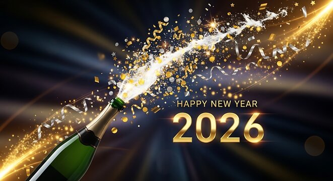 Champagne bottle popping for new year 2026 celebration with champagne celebration sparkling confetti streamers happiness abstract explosion splatter