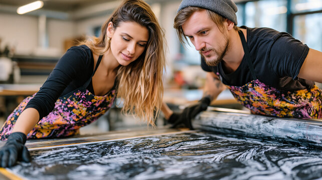 Two printmakers in a shared studio pulling a large linocut print from an inked block, registration marks visible, collaborative art production, printmaking edition, creative workspace, artists at wo