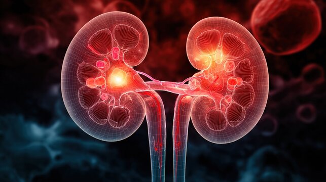 Detailed Medical Illustration of Adrenal Disease, Adrenal Gland Disorders Anatomy Diagram Showing Adrenal Tumor, Insufficiency, Hyperfunction, Hormonal Imbalance Pathophysiology in Human Endocrine 
