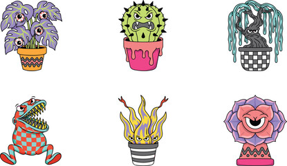 Creepy Monster Plants Vector Set Featuring Weird Eyeball Monstera Angry Cactus Venus Flytrap and Evil Flower Characters for Halloween Trippy Graphic Designs © Rownok