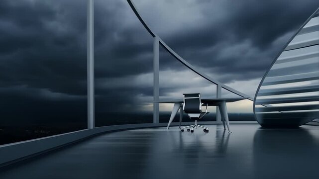 Office Workspace with Curved Glass Wall and Modern Desk in a Minimalist Executive Design, Moody Interior with Dramatic Lighting