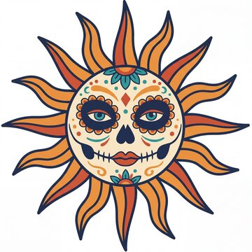 Folk Art Sun Illustration with Sugar Skull Face Design