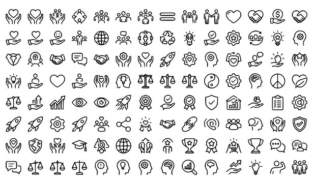 Core Values Line Icons Set with Caring Collaboration Diversity Community Trust and Leadership Symbols