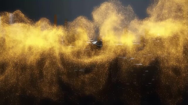 Abstract Landscape with Dark Cubic Structures and Glowing Orange Particles, Representing Technological or Financial Growth.