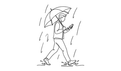 Continuous Line Drawing of Woman Walking with Umbrella in Rain Minimalist Sketch Illustration Design © SobujChandra
